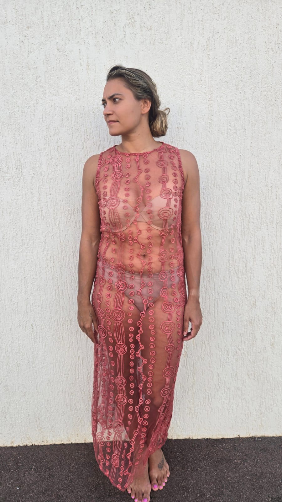 Embroidered dress sleeveless ochre