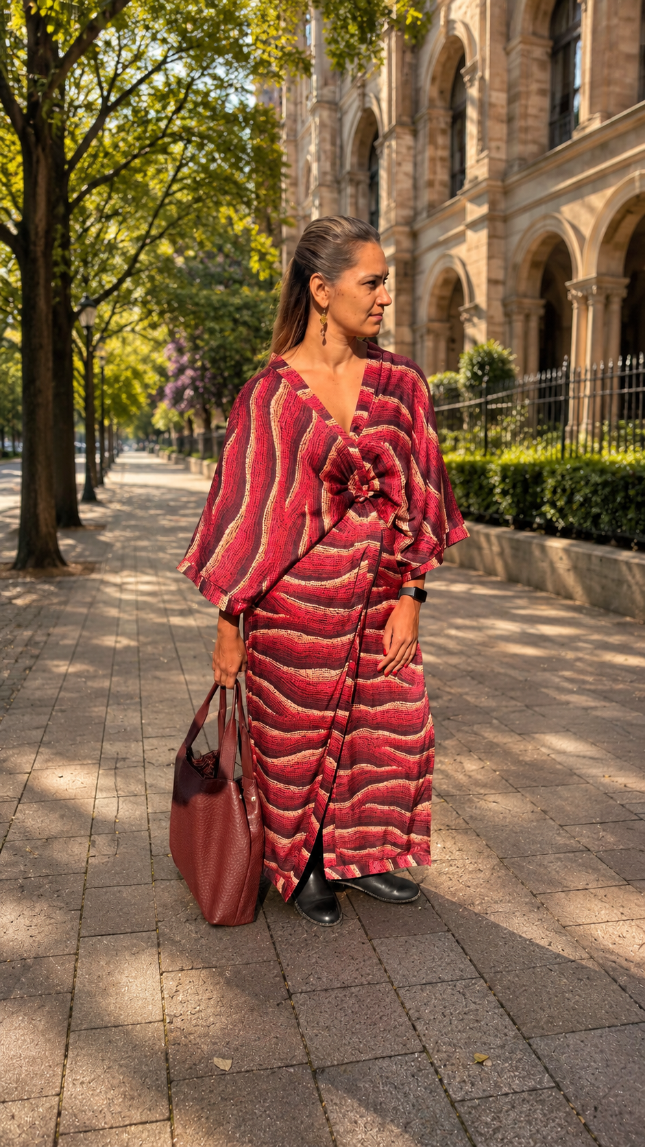 Aboriginal woman in a Aboriginal patterned dress walking on a sidewalk with a building in the background