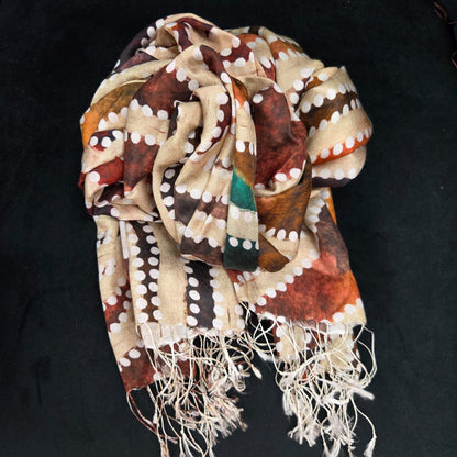 Aboriginal art by Sarrita King on a mulberry silk scarf
