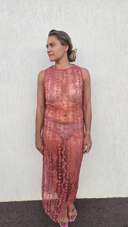 Embroidered dress sleeveless ochre