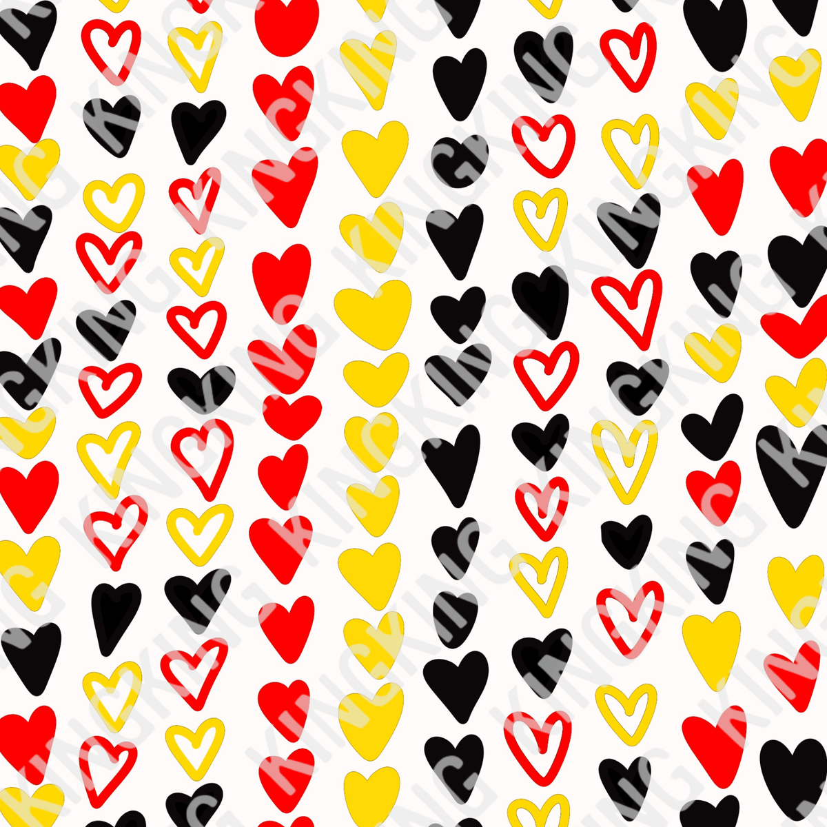 Artwork of red, Black and Yellow hearts on a white background