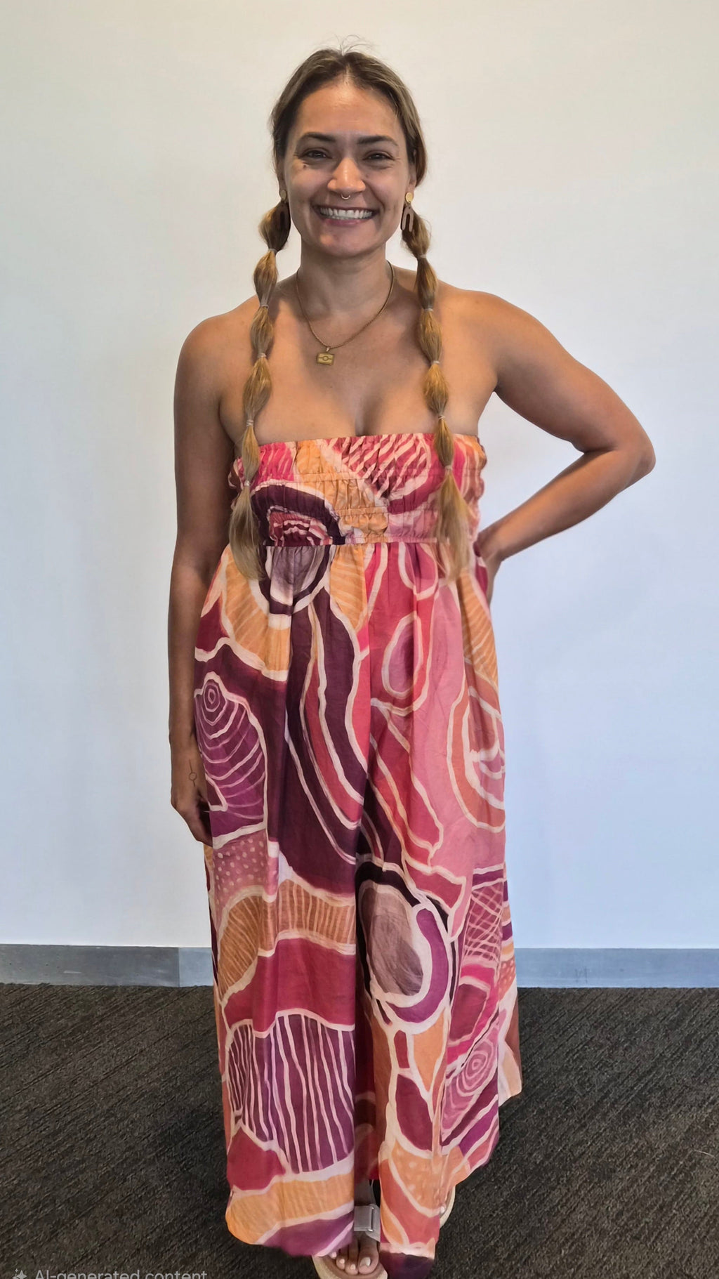 A woman with braided hair stands indoors wearing a strapless maxi dress with an abstract wavy pattern in pink, coral, orange, and burgundy tones against a plain light wall.