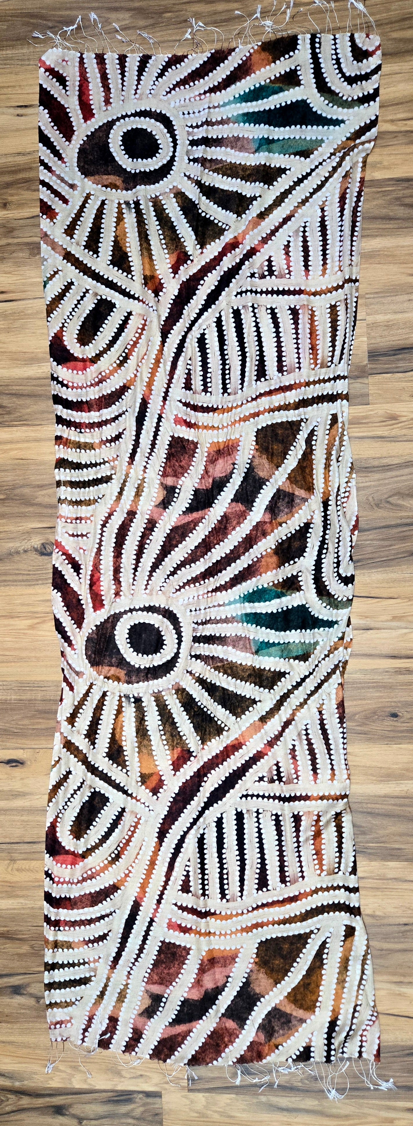Aboriginal art by Sarrita King on a cashmere wool scarf