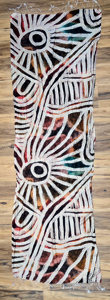 Aboriginal art by Sarrita King on a cashmere wool scarf