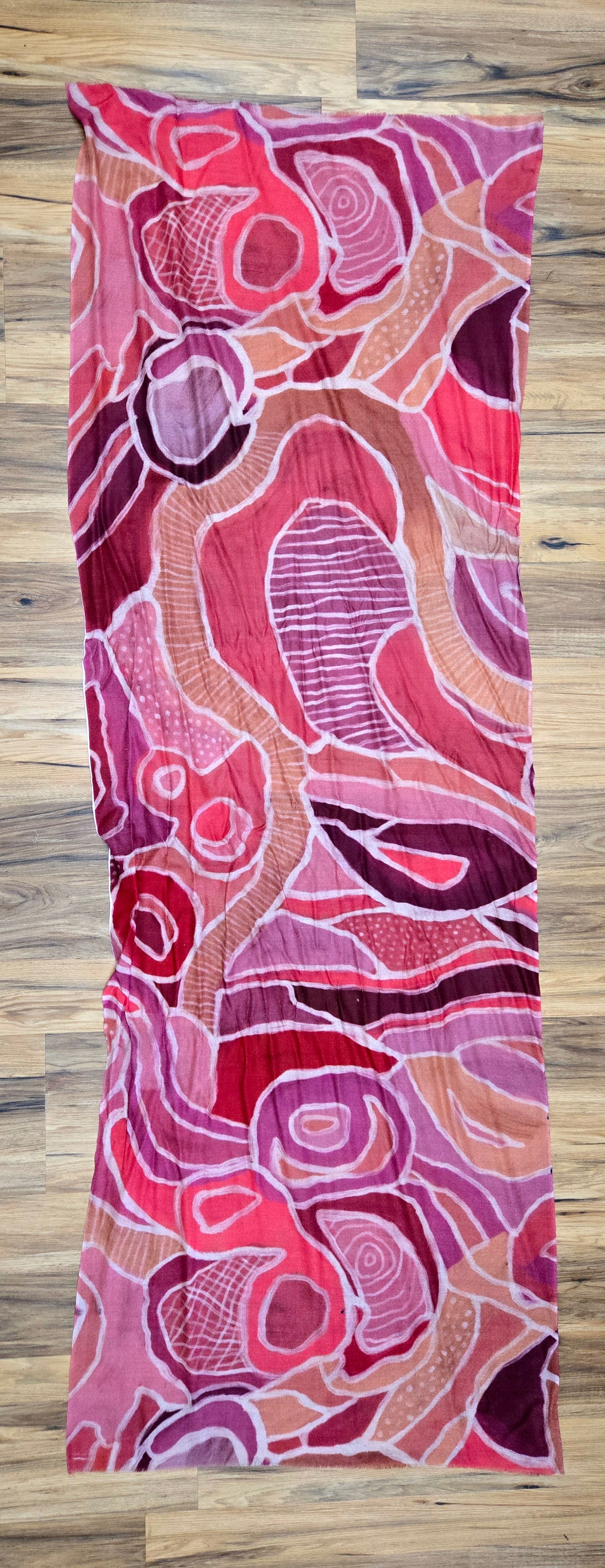 Pinks and mauves Aboriginal art by Sarrita King on a cashmere wool scarf
