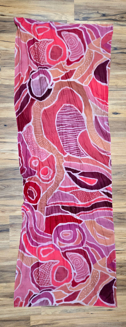 Pinks and mauves Aboriginal art by Sarrita King on a cashmere wool scarf